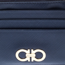 Pre Owned Salvatore Ferragamo Navy Blue Leather Double Gancio Card Holder