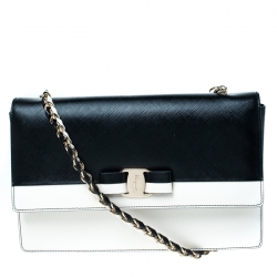 Pre Owned Salvatore Ferragamo Black/White Leather Ginny Shoulder Bag
