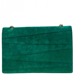 Pre Owned Salvatore Ferragamo Green Vara Zig Zag Suede Medium Ginny Flap Bag