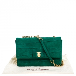 Pre Owned Salvatore Ferragamo Green Vara Zig Zag Suede Medium Ginny Flap Bag
