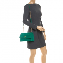 Pre Owned Salvatore Ferragamo Green Vara Zig Zag Suede Medium Ginny Flap Bag