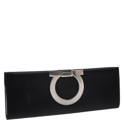 Pre Owned Salvatore Ferragamo Black Satin Musa Gancini Clutch