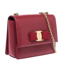 Pre Owned Salvatore Ferragamo Red Leather Bow Flap Chain Shoulder Bag
