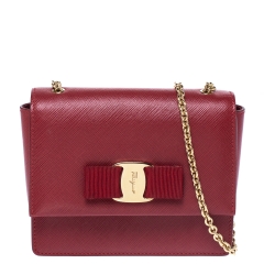 Pre Owned Salvatore Ferragamo Red Leather Bow Flap Chain Shoulder Bag