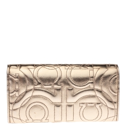 Pre Owned Salvatore Ferragamo Metallic Gold Leather Gancini Continental Wallet