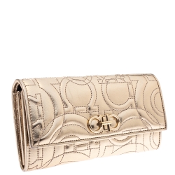 Pre Owned Salvatore Ferragamo Metallic Gold Leather Gancini Continental Wallet
