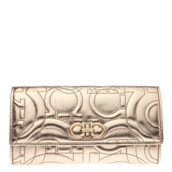 Pre Owned Salvatore Ferragamo Metallic Gold Leather Gancini Continental Wallet