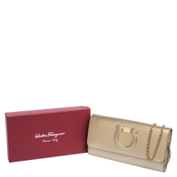 Pre Owned Salvatore Ferragamo Gold Leather Gancini City Wallet on Chain