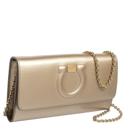 Pre Owned Salvatore Ferragamo Gold Leather Gancini City Wallet on Chain