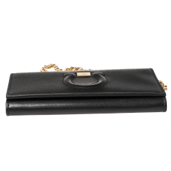 Pre Owned Salvatore Ferragamo Black Leather Gancio City Wallet on Chain