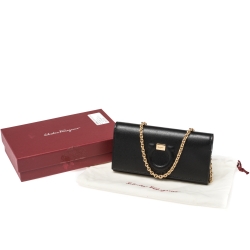 Pre Owned Salvatore Ferragamo Black Leather Gancio City Wallet on Chain