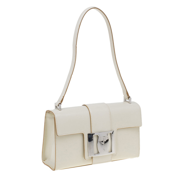 Pre Owned Salvatore Ferragamo White Flap Buckle Shoulder Bag