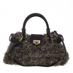 مملوكة مسبقًا Salvatore Ferragamo Brown Metallic Wool Marisa Satchel