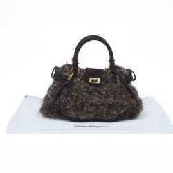 مملوكة مسبقًا Salvatore Ferragamo Brown Metallic Wool Marisa Satchel