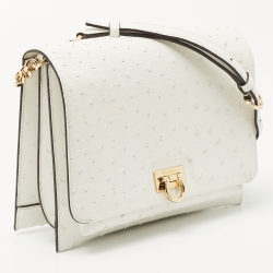 Pre Owned Salvatore Ferragamo White Ostrich Gancini Flap Shoulder Bag