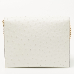 Pre Owned Salvatore Ferragamo White Ostrich Gancini Flap Shoulder Bag