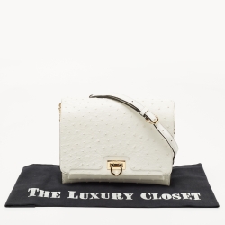 Pre Owned Salvatore Ferragamo White Ostrich Gancini Flap Shoulder Bag