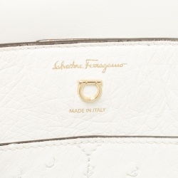 Pre Owned Salvatore Ferragamo White Ostrich Gancini Flap Shoulder Bag