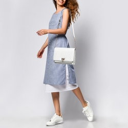 Pre Owned Salvatore Ferragamo White Ostrich Gancini Flap Shoulder Bag