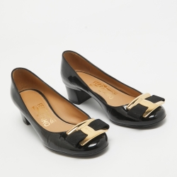 Pre Owned Salvatore Ferragamo Black Patent Leather Ninna Bow Pumps Size 35.5 