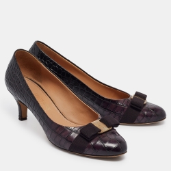 Pre Owned Salvatore Ferragamo Purple Crocodile Vara Bow Pumps Size 40.5