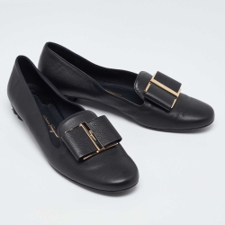 Pre Owned Salvatore Ferragamo Black Leather Trifoglio Smoking Slippers Size 39