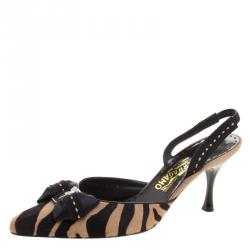 Salvatore Ferragamo Zebra Printed Pony Hair Bouquet Pointed Toe Slingback Sandals Size 40.5