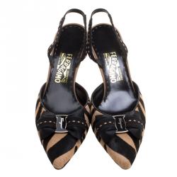 Salvatore Ferragamo Zebra Printed Pony Hair Bouquet Pointed Toe Slingback Sandals Size 40.5
