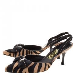 Salvatore Ferragamo Zebra Printed Pony Hair Bouquet Pointed Toe Slingback Sandals Size 40.5