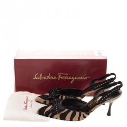 Salvatore Ferragamo Zebra Printed Pony Hair Bouquet Pointed Toe Slingback Sandals Size 40.5