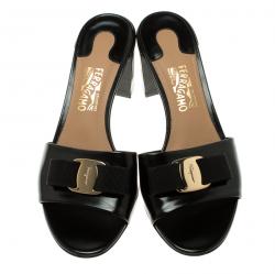 Salvatore Ferragamo Black Leather Block Heel Slides Size 38