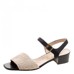 Salvatore Ferragamo Beige/Black Jute and Leather Ankle Strap Sandals Size 41