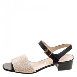 Salvatore Ferragamo Beige/Black Jute and Leather Ankle Strap Sandals Size 41