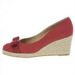 Salvatore Ferragamo Red Canvas Bow Detailed 'Darly' Espadrille Wedges Size 38.5