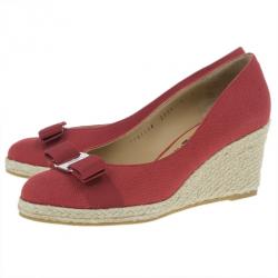 Pre Owned Salvatore Ferragamo Red Canvas Bow Detailed 'Darly' Espadrille Wedges Size 38.5