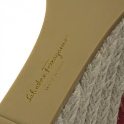 Pre Owned Salvatore Ferragamo Red Canvas Bow Detailed 'Darly' Espadrille Wedges Size 38.5