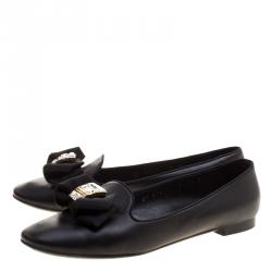 Pre Owned Salvatore Ferragamo Black Leather Gessy Crystal Embellished Bow Smoking Slippers Size 38