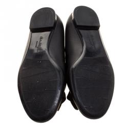 Pre Owned Salvatore Ferragamo Black Leather Gessy Crystal Embellished Bow Smoking Slippers Size 38