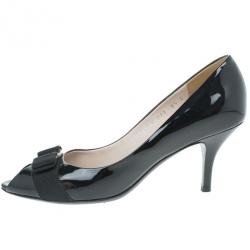 Pre Owned Salvatore Ferragamo Black Patent Vara Bow Peep Toe Pumps Size 39