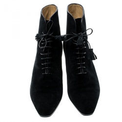 Pre Owned Salvatore Ferragamo Black Suede Lace Up Tassel Ankle Boots Size 38.5