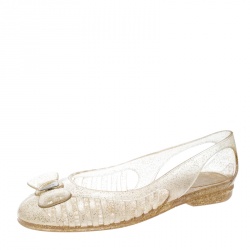 Pre Owned Salvatore Ferragamo Transparent Glitter Jelly Spiffy Bow Detail Flats Size 37.5