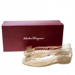 Pre Owned Salvatore Ferragamo Transparent Glitter Jelly Spiffy Bow Detail Flats Size 37.5