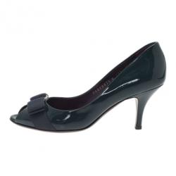 Pre Owned Salvatore Ferragamo Dark Green Patent Peep Toe Pumps Size 35.5