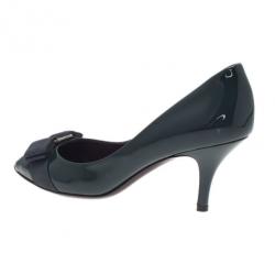 Pre Owned Salvatore Ferragamo Dark Green Patent Peep Toe Pumps Size 35.5