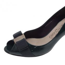 Pre Owned Salvatore Ferragamo Dark Green Patent Peep Toe Pumps Size 35.5