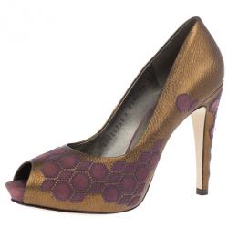 Pre Owned Salvatore Ferragamo Geometric Patchwork Peep Toe Pumps Size 38