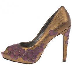 Pre Owned Salvatore Ferragamo Geometric Patchwork Peep Toe Pumps Size 38