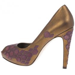 Pre Owned Salvatore Ferragamo Geometric Patchwork Peep Toe Pumps Size 38