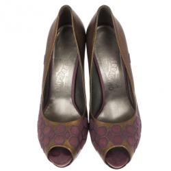Pre Owned Salvatore Ferragamo Geometric Patchwork Peep Toe Pumps Size 38