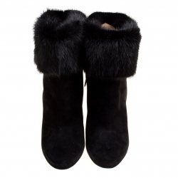 Salvatore Ferragamo Black Suede Color Block Heel Loris Fur Trim Ankle Boots Size 37.5